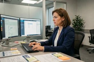 Spécialiste informatique hospitalière analysant deux interfaces logicielles lors d'une migration de données vers NETSoins