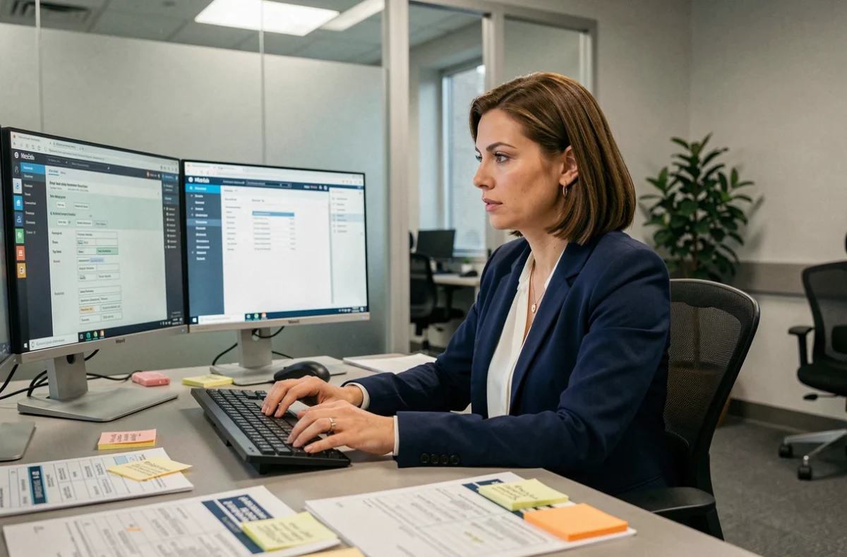 Spécialiste informatique hospitalière analysant deux interfaces logicielles lors d'une migration de données vers NETSoins