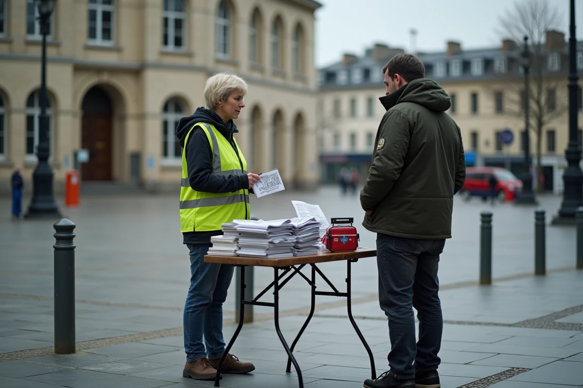 Militante syndicale distribuant des tracts dans une place publique, préparation pratique à une journée de grève