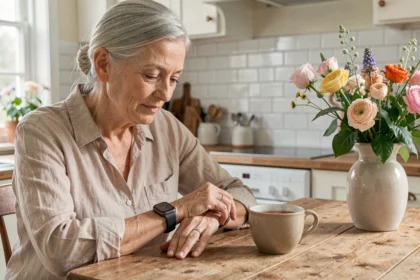 Femme âgée élégante portant une montre connectée discrète à son poignet, assise dans une cuisine chaleureuse avec une tasse de thé