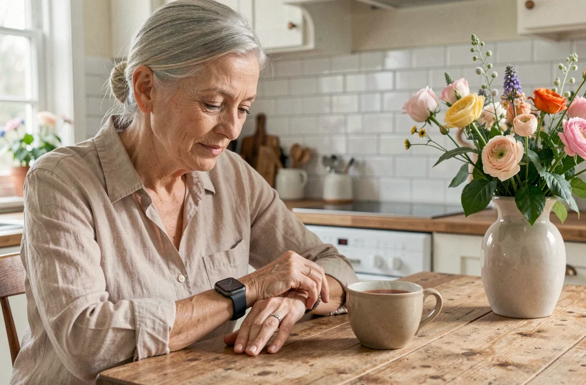 Femme âgée élégante portant une montre connectée discrète à son poignet, assise dans une cuisine chaleureuse avec une tasse de thé