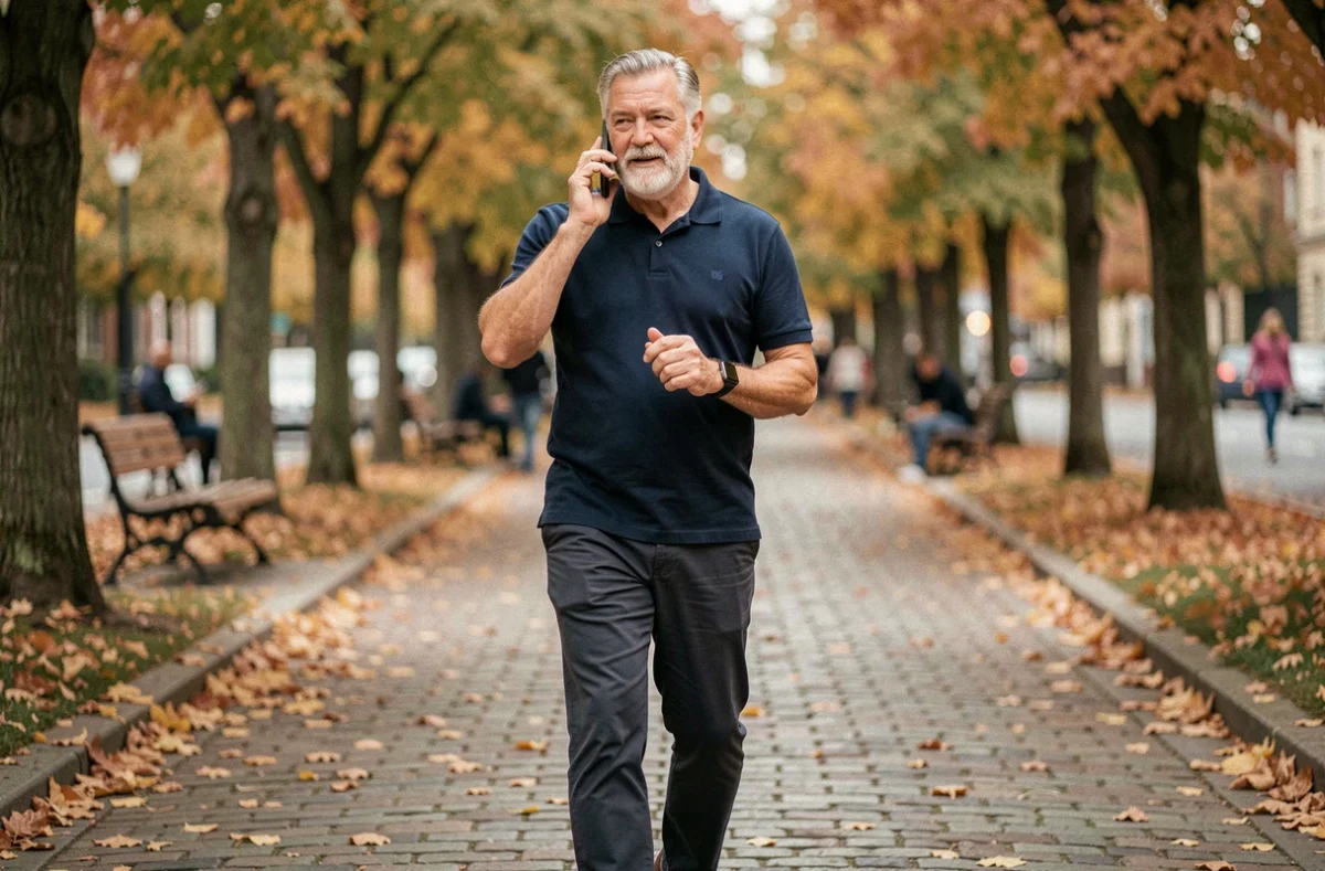 Homme âgé actif portant une montre connectée moderne lors d'une promenade dans un parc urbain en automne