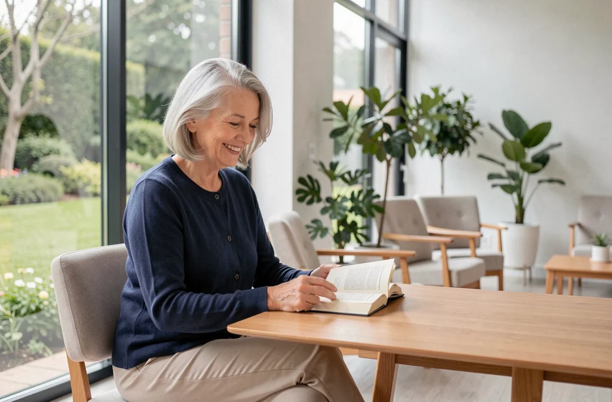 Résidente souriante dans le salon moderne de la résidence senior Nohée Marseille Michelet