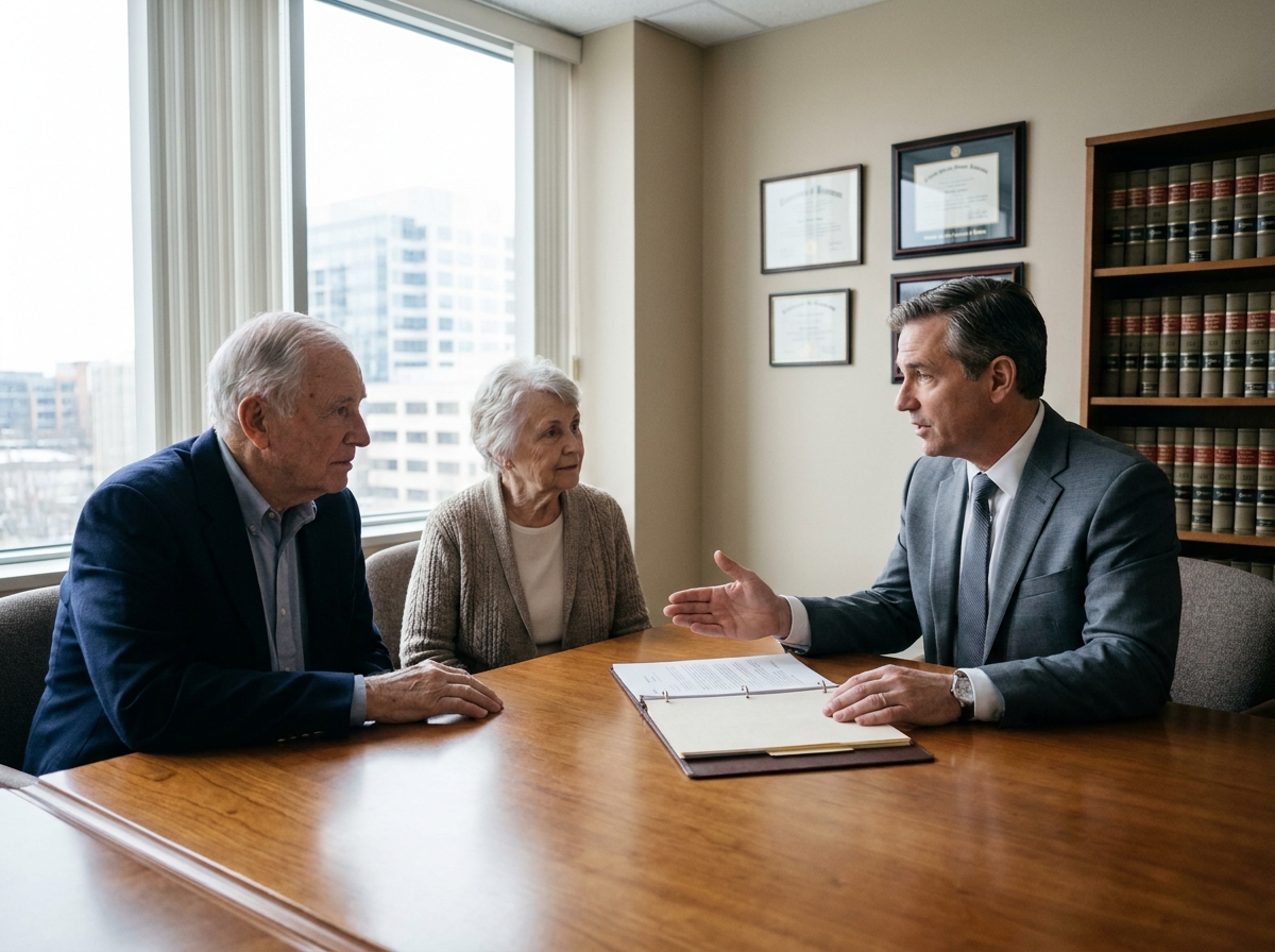 Un notaire explique les modalités d'un legs testamentaire à un couple de seniors dans un bureau professionnel, illustrant les démarches pour léguer à une association