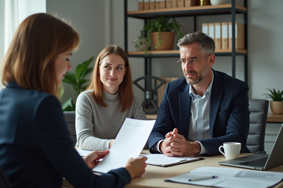 Notaire en réunion avec un homme et une adolescente dans un bureau moderne