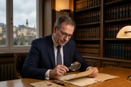 Notaire luxembourgeois examinant des documents de succession dans un bureau formel aux boiseries sombres