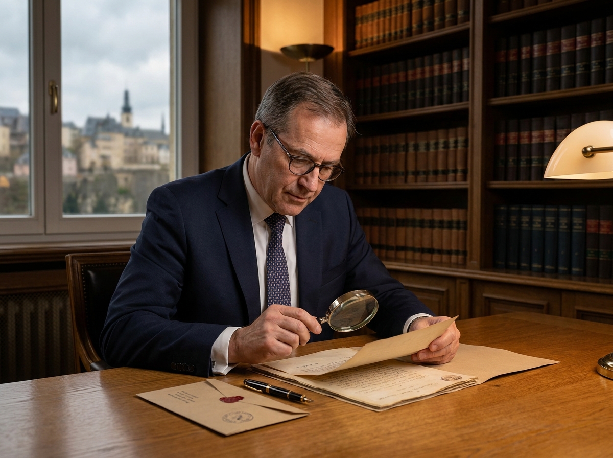 Notaire luxembourgeois examinant des documents de succession dans un bureau formel aux boiseries sombres