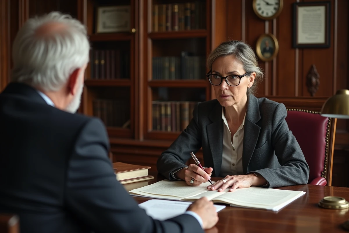 Notaire expliquant la transmission de patrimoine et la succession à un client âgé dans un bureau notarial traditionnel