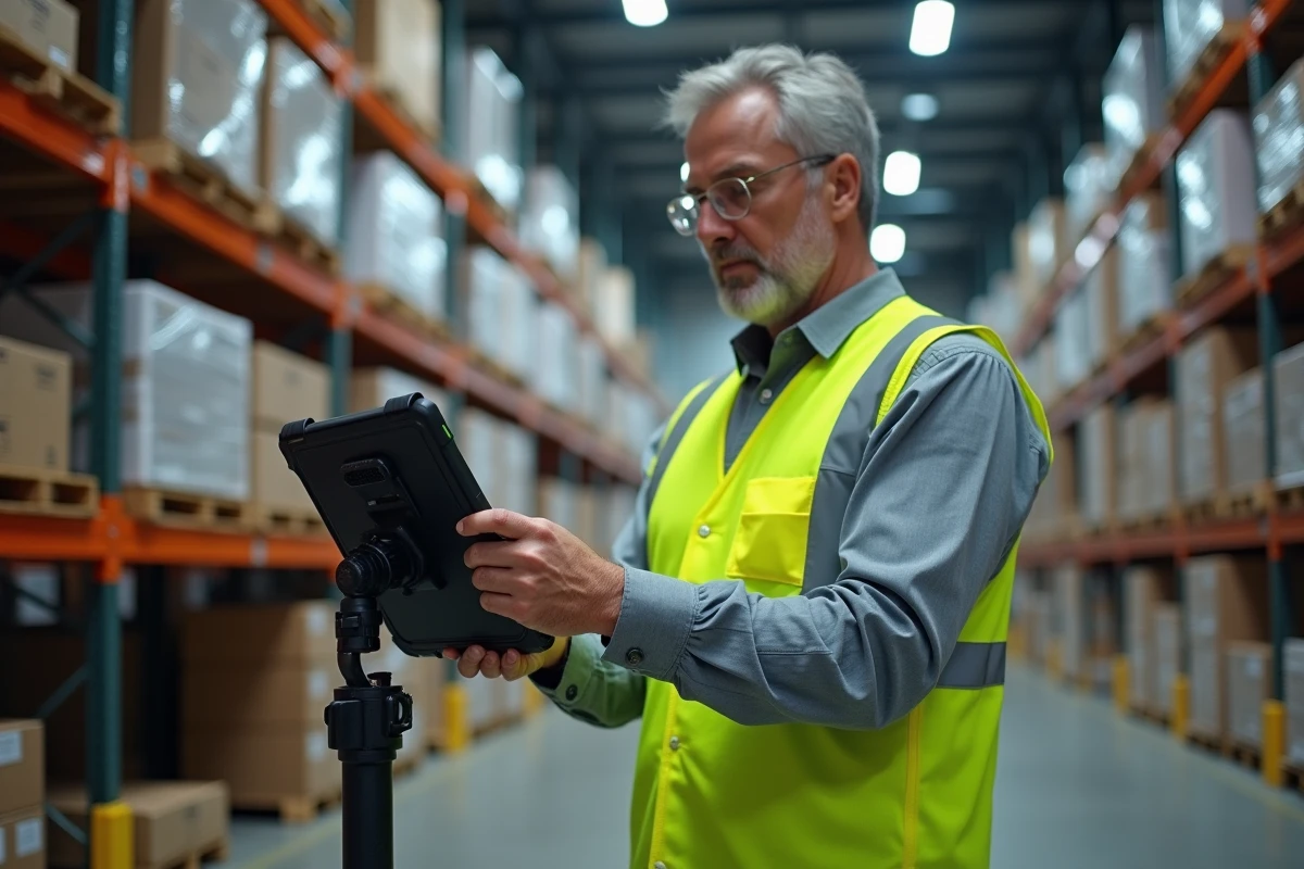 Opérateur logistique utilisant une tablette numérique dans un entrepôt automatisé moderne illustrant les évolutions de Logifil en 2026