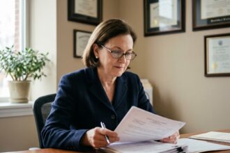 Femme en deuil consultant des documents administratifs pour organiser des funérailles au Luxembourg