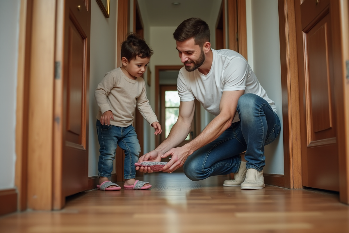 Père aidant son enfant à mettre des chaussons antidérapants