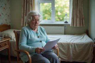 Personne âgée seule dans une chambre de maison de retraite tenant un document administratif de l'APA avec une expression inquiète