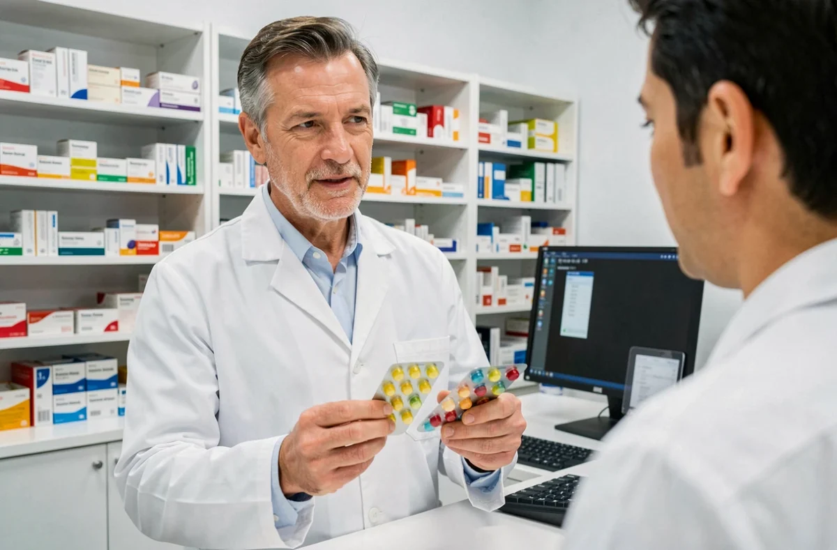 Pharmacien expliquant les contre-indications et risques de surdosage en vitamines d'un complément alimentaire senior