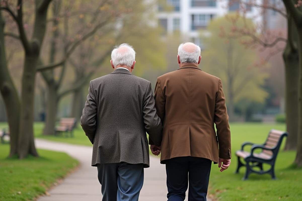 Fils guidant son père dans un parc urbain au printemps