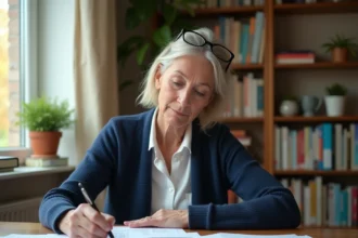 Professeure des écoles à la retraite consultant son relevé de calcul de pension à son bureau à domicile