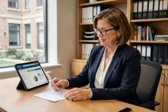 Professionnelle en tutelle consultant un tableau de bord de gestion de mesures sur tablette dans un bureau administratif moderne