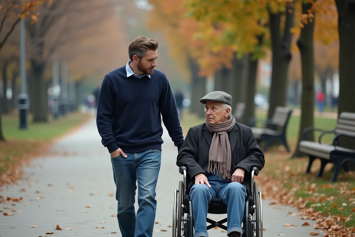 Jeune homme poussant un fauteuil dans un parc en automne