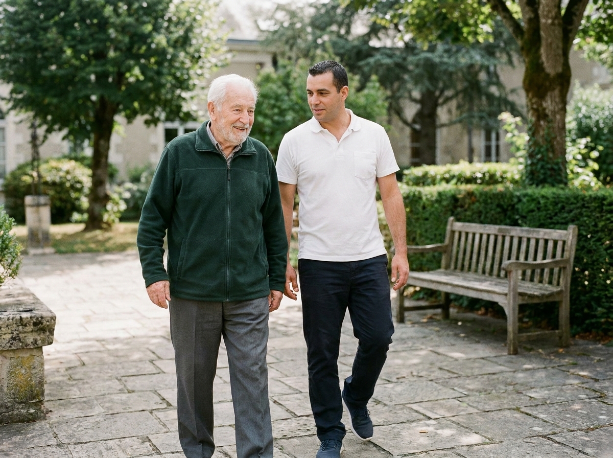 Un résident âgé se promène dans le jardin d'un EHPAD public accompagné d'un soignant, illustrant la vie quotidienne en établissement gériatrique