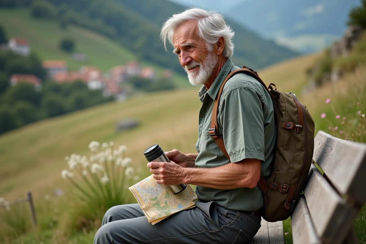 Randonneur senior se reposant sur un banc avec carte et thermos sur un sentier de campagne au printemps