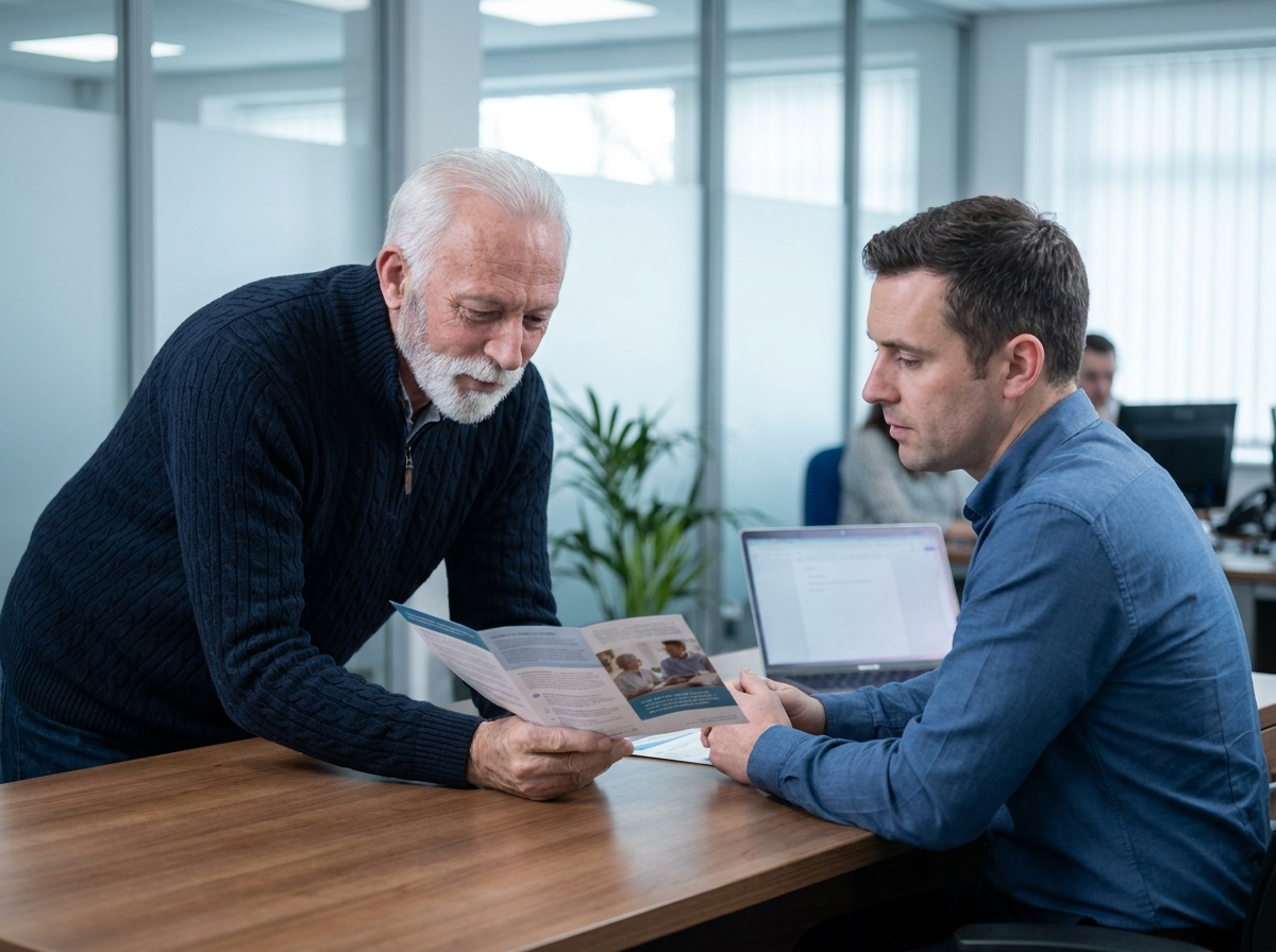Homme senior en rendez-vous avec un conseiller pour souscrire une assurance obsèques