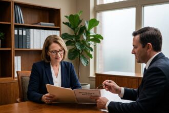 Femme d'une cinquantaine d'années en rendez-vous avec un conseiller pour souscrire un contrat obsèques, examinant des documents dans un bureau professionnel