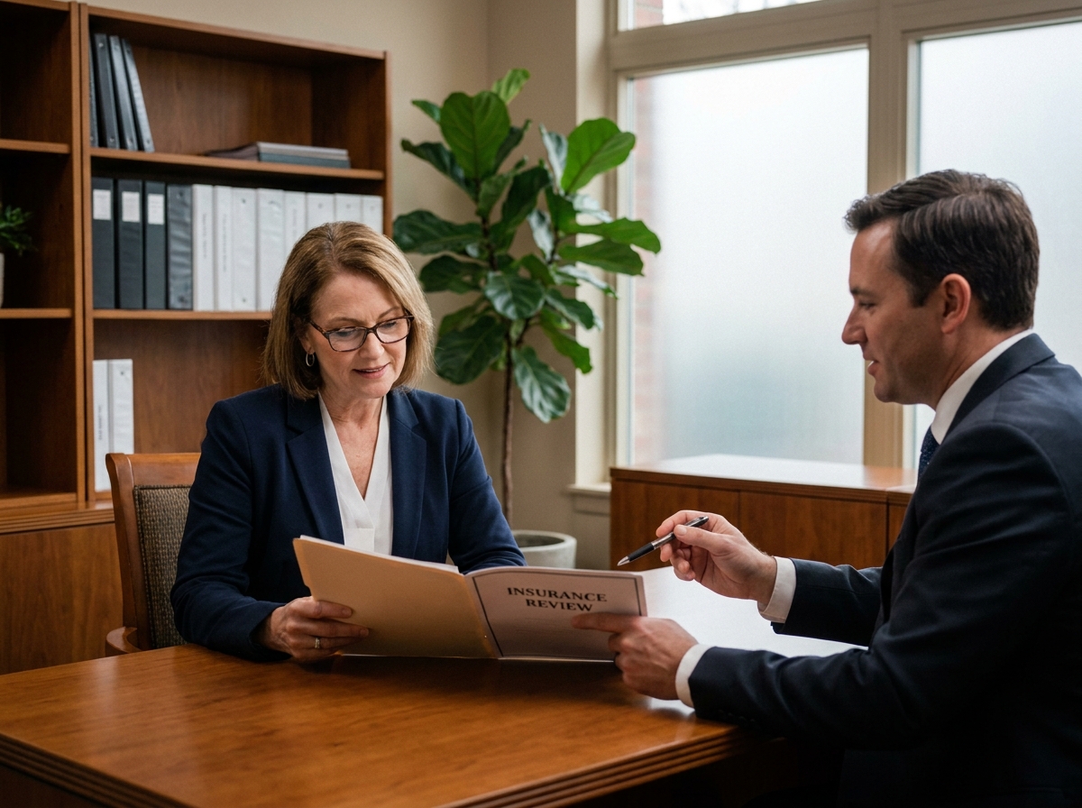 Femme d'une cinquantaine d'années en rendez-vous avec un conseiller pour souscrire un contrat obsèques, examinant des documents dans un bureau professionnel