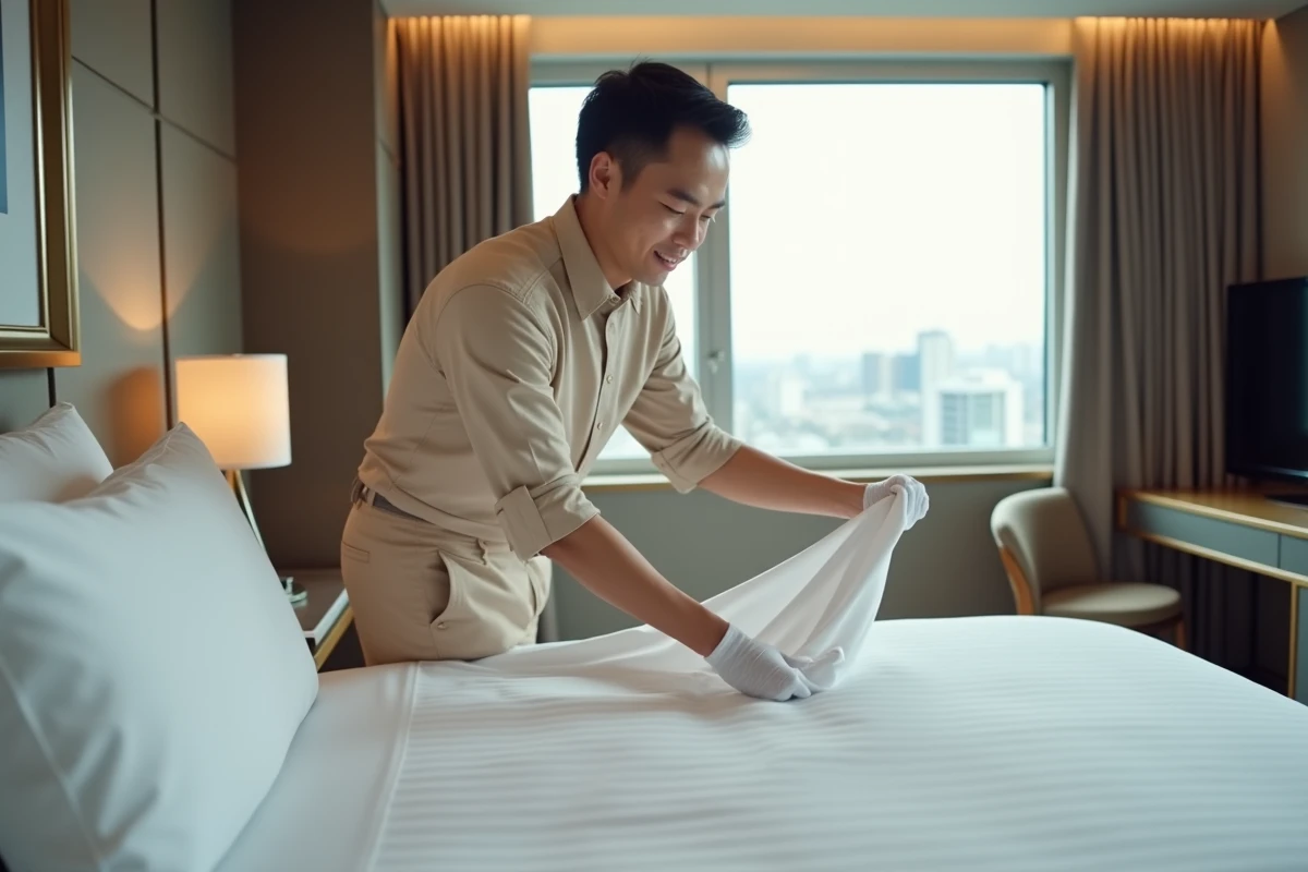 Jeune homme en uniforme ajustant des draps propres