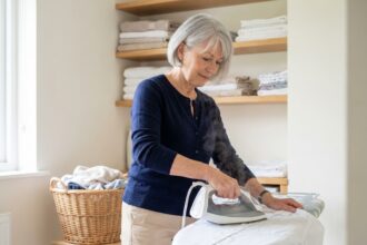 Une femme senior repassant du linge blanc à domicile dans une buanderie confortable et bien organisée