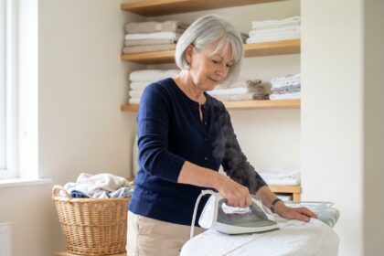 Une femme senior repassant du linge blanc à domicile dans une buanderie confortable et bien organisée