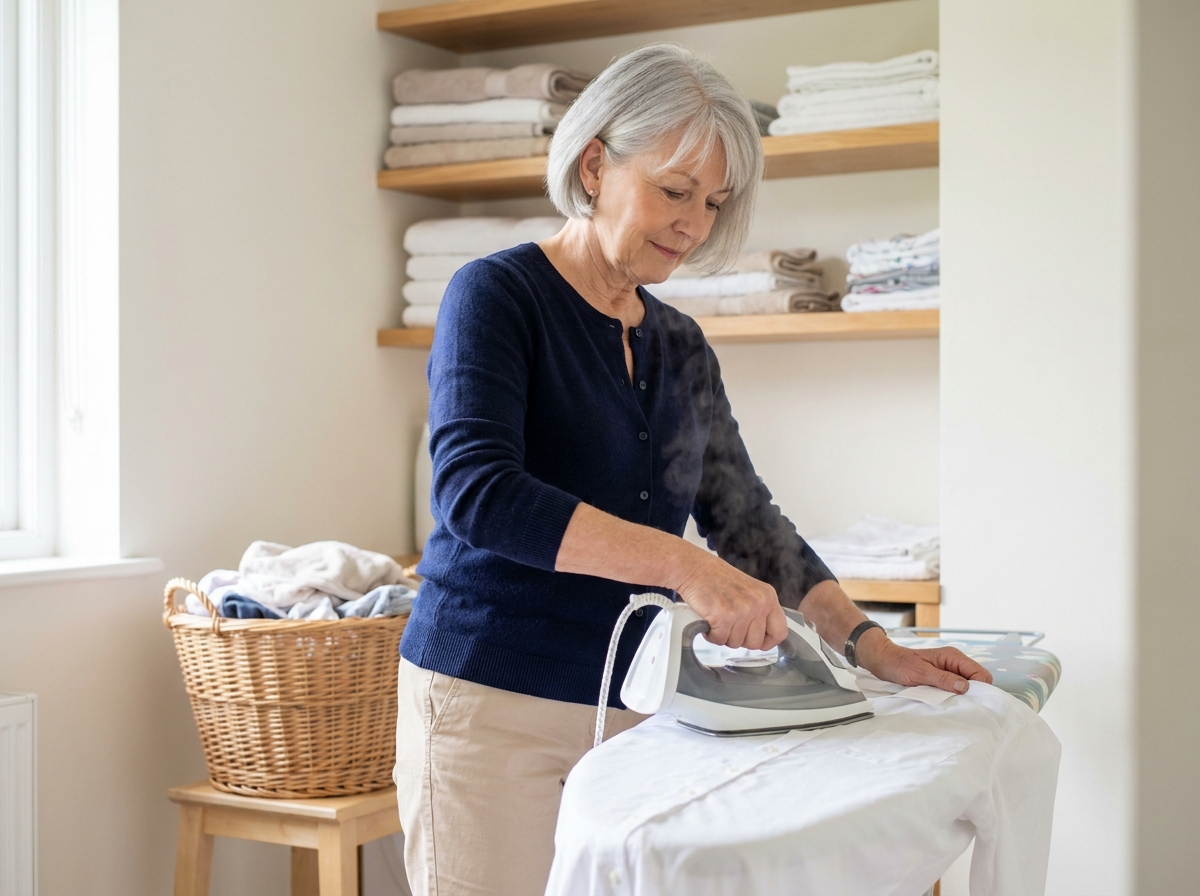 Une femme senior repassant du linge blanc à domicile dans une buanderie confortable et bien organisée