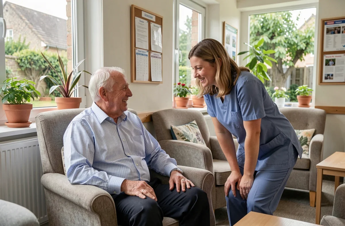 Homme senior en conversation avec une accompagnatrice dans le salon de la Résidence Autonomie Villa de Bury à Angoulême