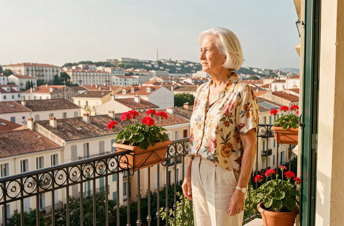 Senior admirant la vue panoramique sur Marseille depuis le balcon de la Résidence le Belvédère