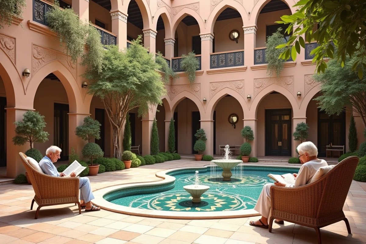 Cour intérieure d'une résidence de retraite de style riad marocain avec des résidents seniors