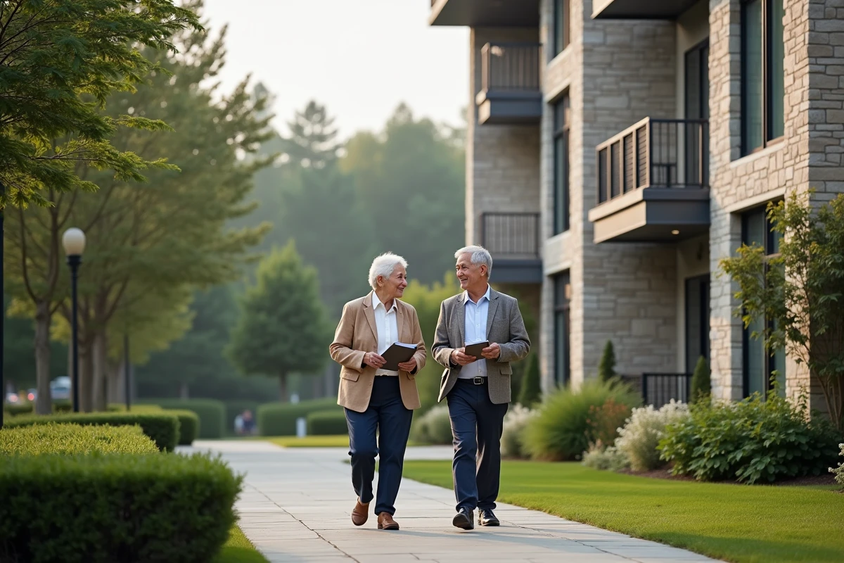 Façade d'une résidence Domitys pour seniors avec deux résidents se promenant à l'entrée dans un cadre verdoyant