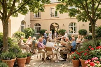 Groupe de seniors heureux dans la cour d'une résidence senior en Charente, entourés de jardins fleuris et d'une architecture résidentielle chaleureuse