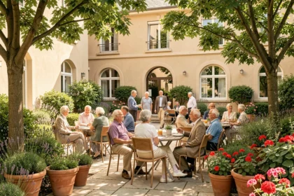 Groupe de seniors heureux dans la cour d'une résidence senior en Charente, entourés de jardins fleuris et d'une architecture résidentielle chaleureuse