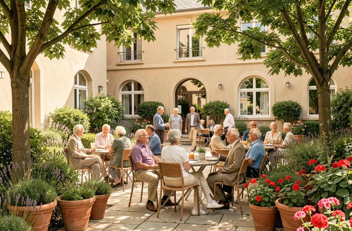 Groupe de seniors heureux dans la cour d'une résidence senior en Charente, entourés de jardins fleuris et d'une architecture résidentielle chaleureuse