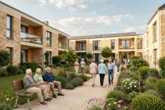 Vue d'ensemble d'une résidence senior moderne dans la Vienne avec des résidents actifs profitant des espaces extérieurs paysagés