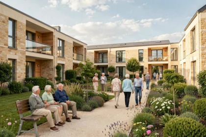 Vue d'ensemble d'une résidence senior moderne dans la Vienne avec des résidents actifs profitant des espaces extérieurs paysagés