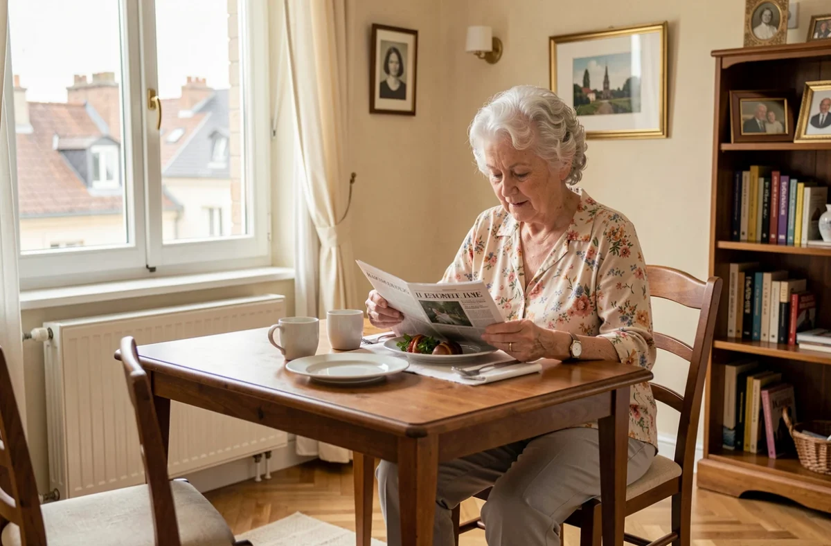 Femme senior lisant son journal dans son appartement cosy des Résidences STELLA à Cognac, avec vue sur les toits de la ville