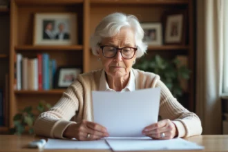 Résidente d'un EHPAD examinant des documents financiers dans sa chambre personnalisée