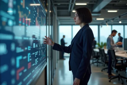 Responsable logistique analysant des tableaux de bord de gestion de flux sur un écran interactif dans un bureau moderne en 2026