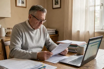 Un retraité de 60 ans examine ses documents de retraite complémentaire Agirc-Arrco à son domicile