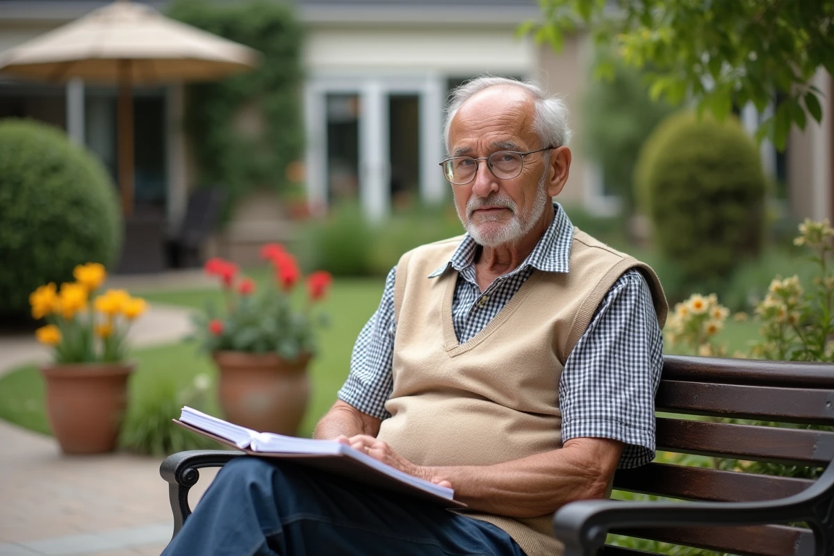 Homme retraité dans un jardin paisible avec documents financiers