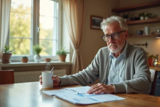 Retraité homme lisant des documents fiscaux à la table de cuisine, illustrant la réforme de la fiscalité des retraités 2026