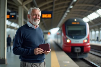 Retraité SNCF sur un quai de gare tenant son pass carmillon, regardant un train régional arriver