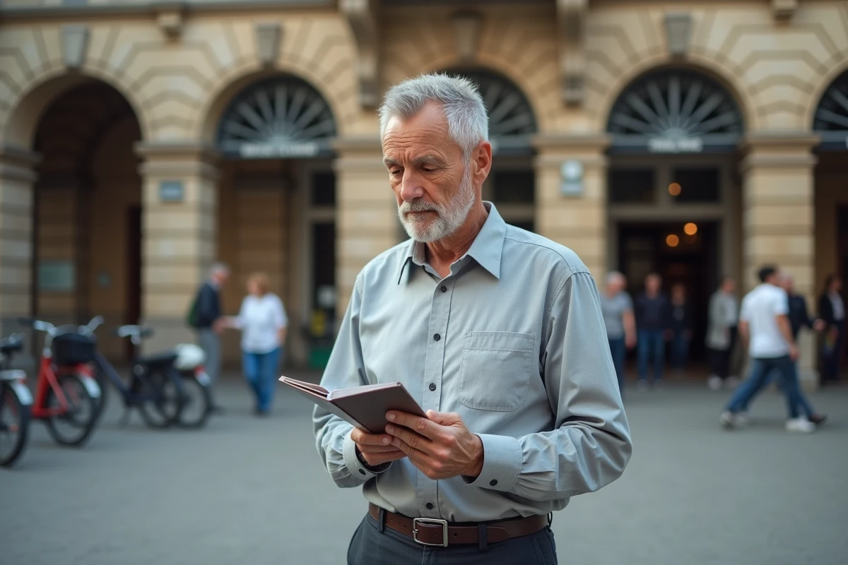 Retraité SNCF consultant des informations sur son smartphone devant une gare française