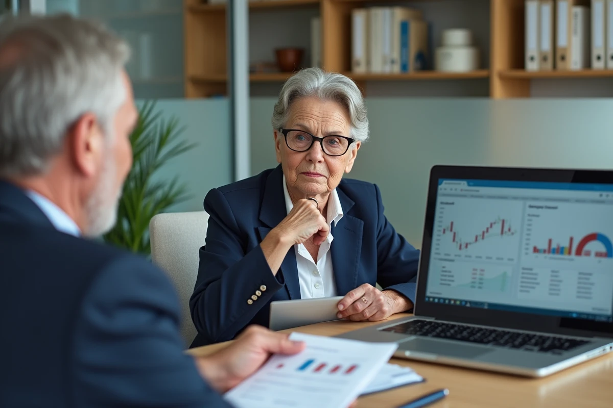 Retraitée femme en consultation avec un conseiller financier pour comprendre les implications fiscales de la réforme retraite 2026