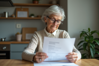 Femme retraitée lisant des papiers de pension à la maison