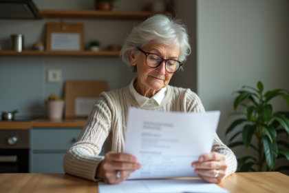 Femme retraitée lisant des papiers de pension à la maison
